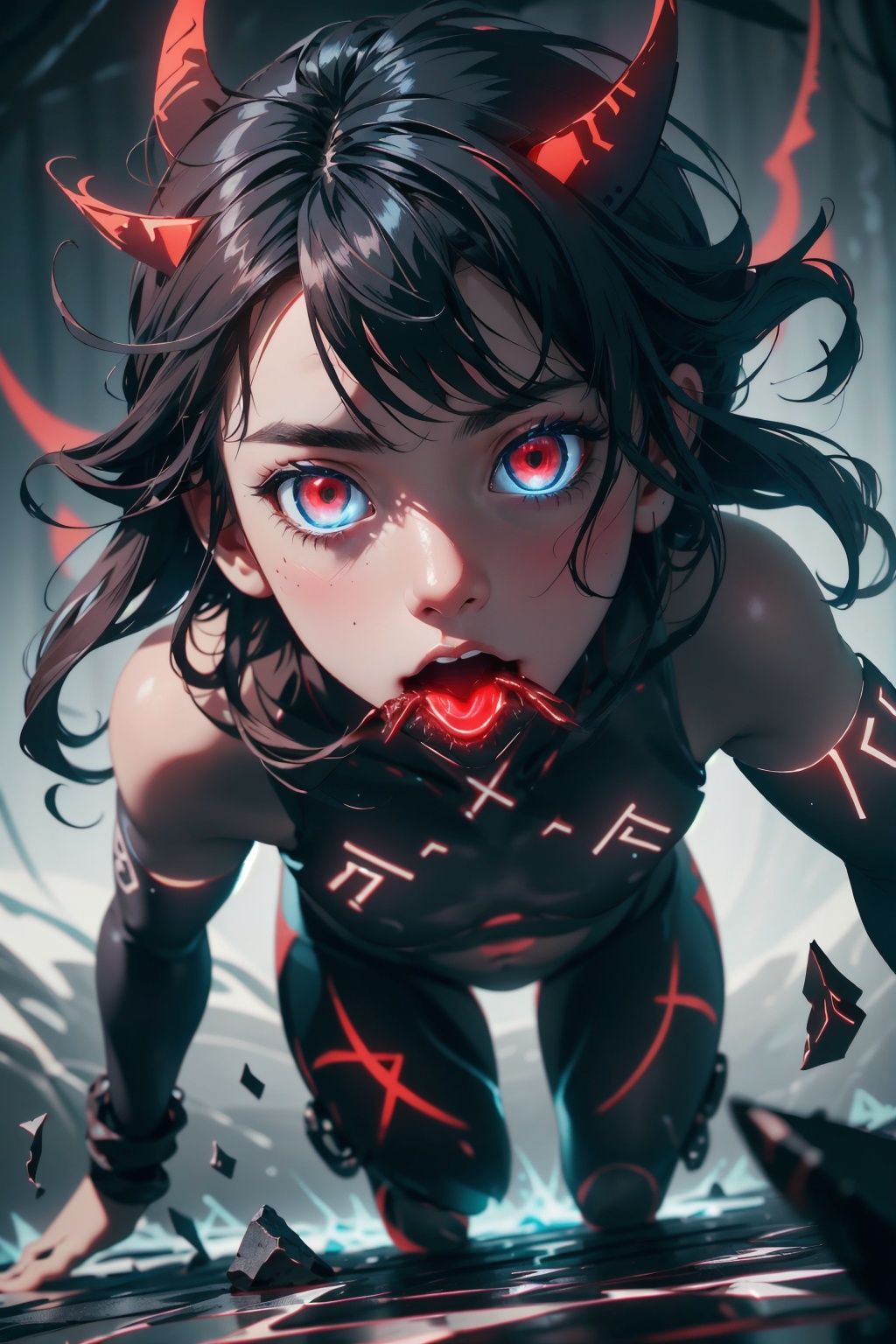 Highres, best quality, extremely detailed, area lighting in background, HD, 8k, extremely intricate:1.3), realistic, SMALL BODY, CUTE, (portrait:1.2) runes, glowing, blue, full body, stomach runes,GlowingRunes_red, abyssal, horror style