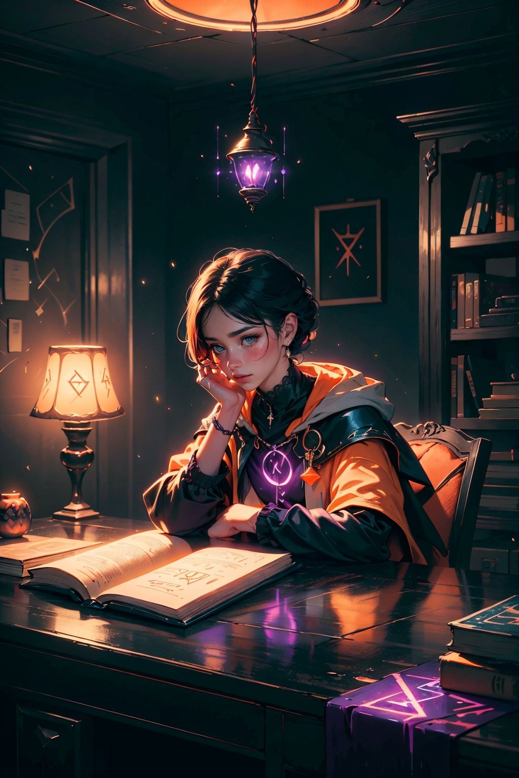 mage mixing potion and stuff with his magical friend owl,  in a room field with books and potions,  lamp on his sidee whil...