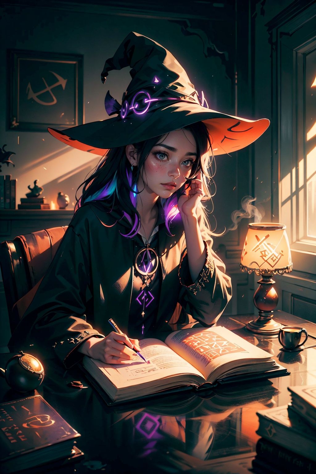 witch mixing potion and stuff with his magical friend owl,  in a room field with books and potions,  lamp on his sidee whi...