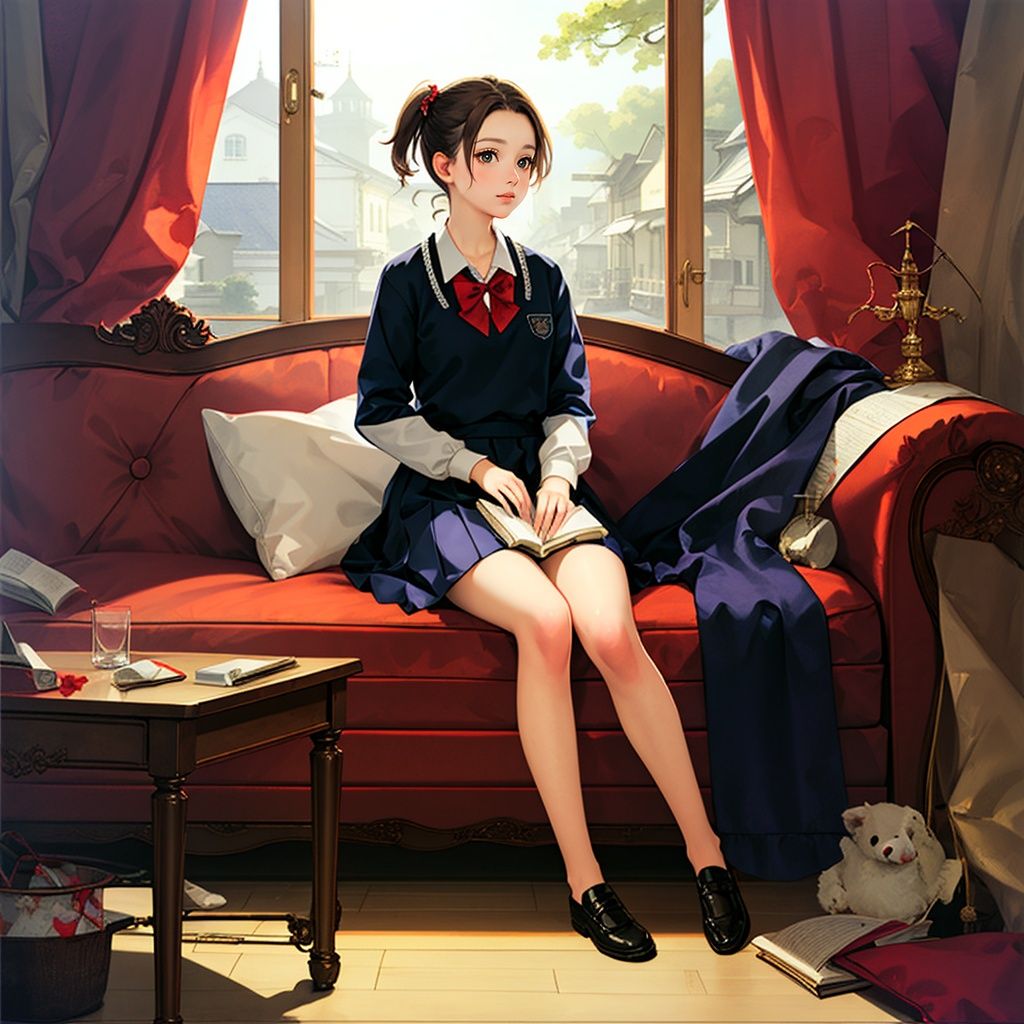 1girl, indoors,sitting on couch,simple background,school uniform,  <lora:buxie01-000002:0.8>, (((masterpiece,best quality))),((good structure,Good composition,good atomy)), ((clear, original,beautiful)),