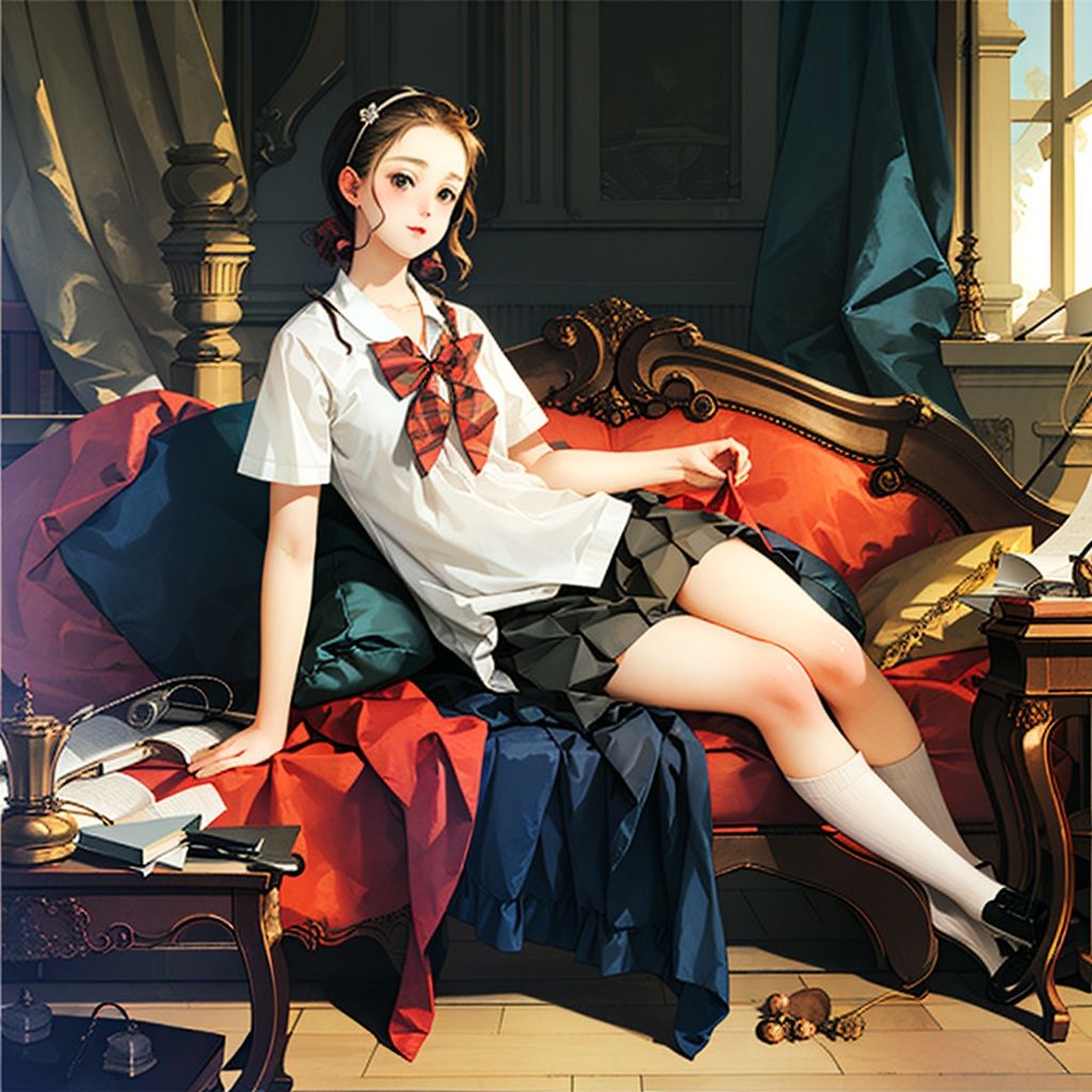 1girl, indoors,sitting on couch,simple background,   <lora:buxie01:0.8>,school uniform,, (((masterpiece,best quality))),((good structure,Good composition,good atomy)), ((clear, original,beautiful)),