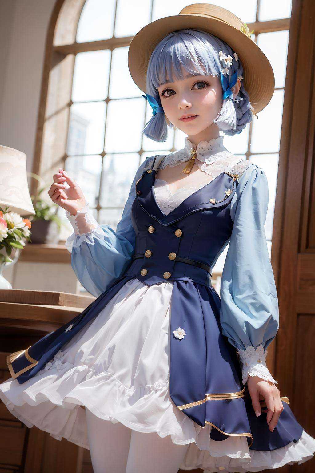 masterpiece, best quality, <lora:AyakaKamisato:1>,official alternate costume,blue hair,short hair,hat,hair ornament,blue eyes,mole under eye,hair flower,jewelry, long sleeves, puffy sleeves, bow,sidelocks, braid,ribbon,dress,long dress,white pantyhose,cowboy shot, little smile