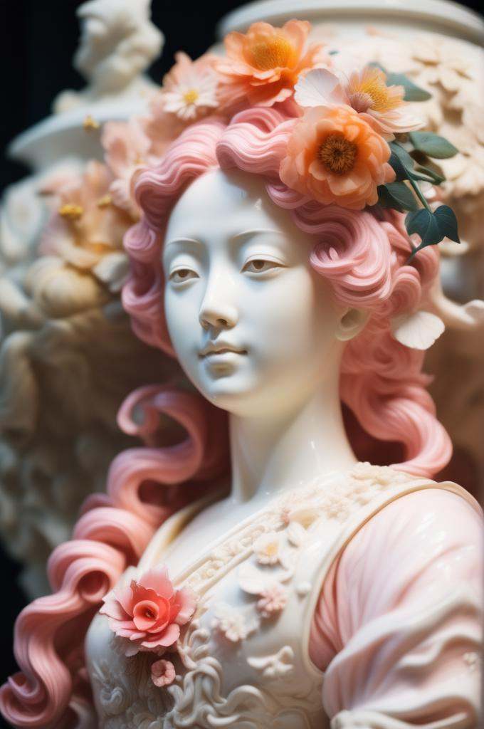 a woman with pink hair and flowers in her hair and dress with a flower in her hair and a flower in her hair,  Ayami Kojima...