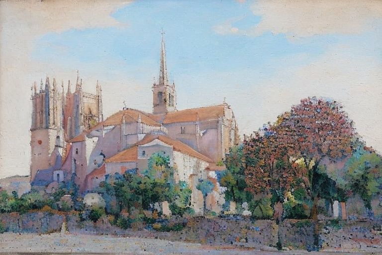 sunray passing through the clouds illuminating a big gothic cathedral on a cobblestone square,  in the style of arrebola b...