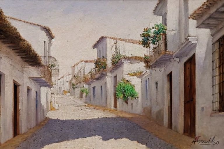 stone town street,  low white and stone houses,  in the style of arrebola by thejosa on Tensor.Art