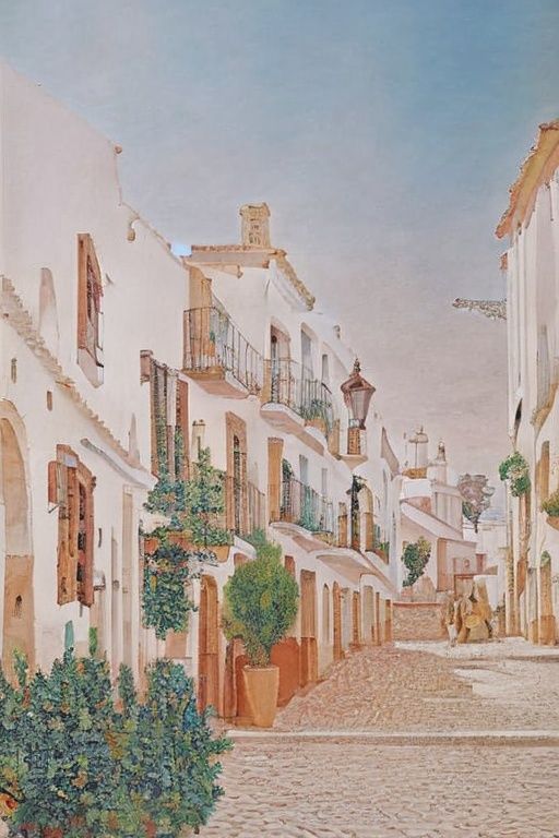 town square with white houses and brick fine details,  tree pots and a stair street,  in the style of arrebola by thejosa...