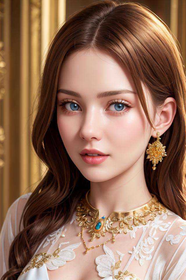 close-up photo of beautiful russian woman wearing white see-through gown with golden details,  25yo,  half body on Tensor.Art