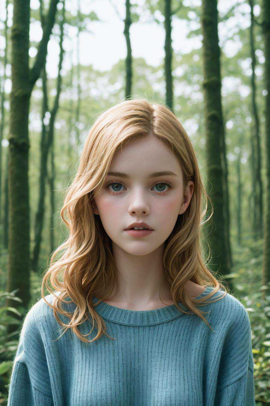 a beautiful young woman standing in front of a forest,  white and pale blue toned,  davide sorrenti on Tensor.Art