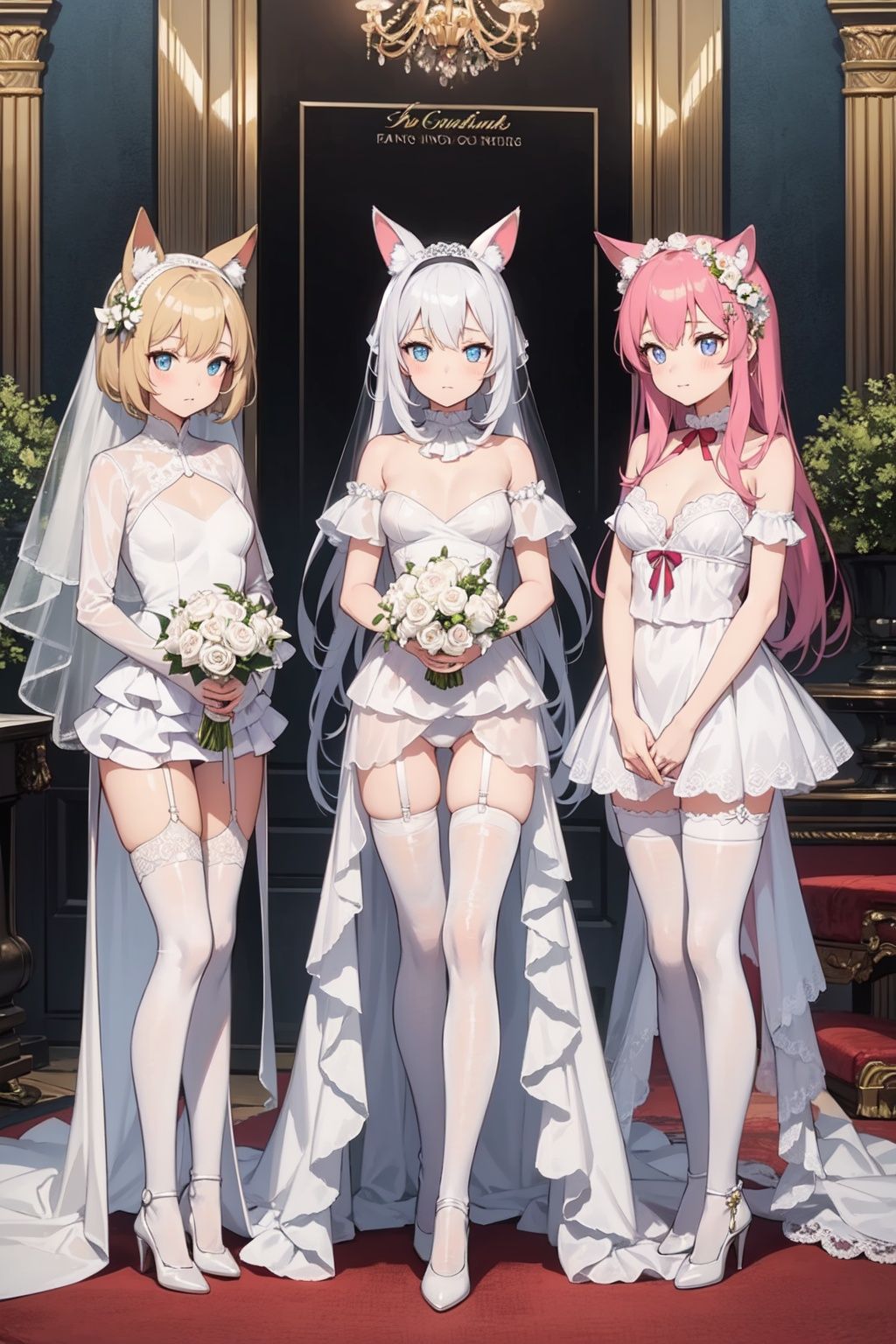 3 young girls with long animal ears, full body, long hair, white pantyhose, bridal lingerie