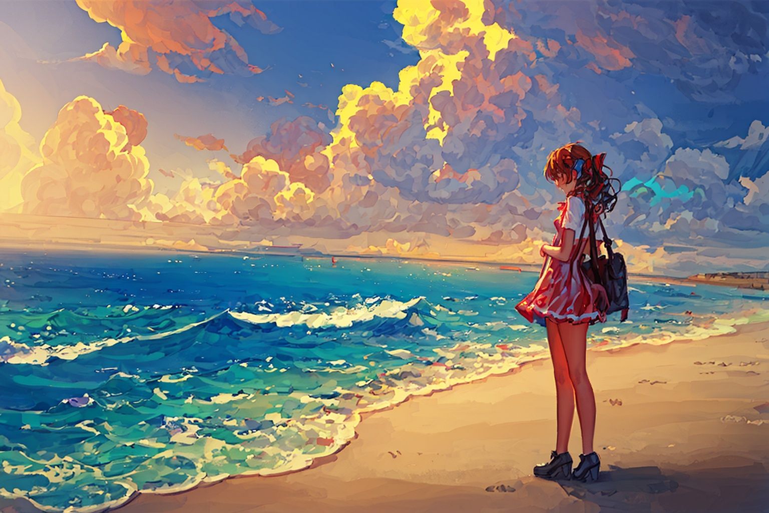 (((best quality,masterpiece))),1girl,on beach,short dress,outdoors,sea,day,seecolor