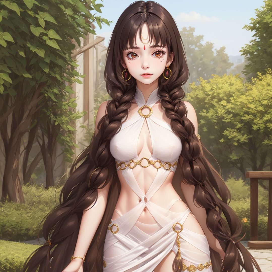  1girl, yifu,yifu long hair,earrings,head gem,upper body,long dress,rope shose,sitting in flowers garden,