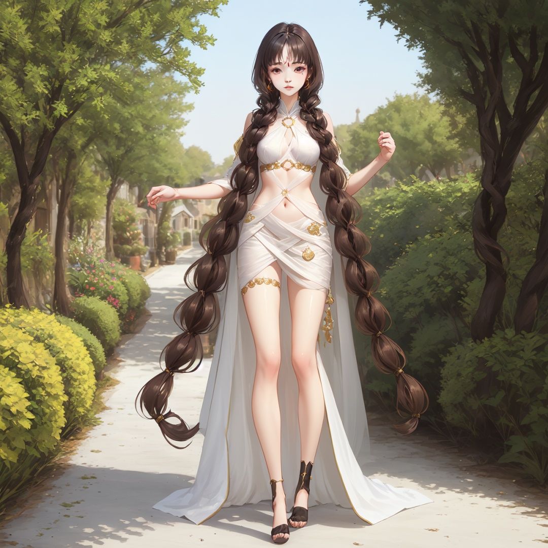  1girl, yifu,yifu long hair,earrings,head gem,upper body,long dress,rope shose,sitting in flowers garden,