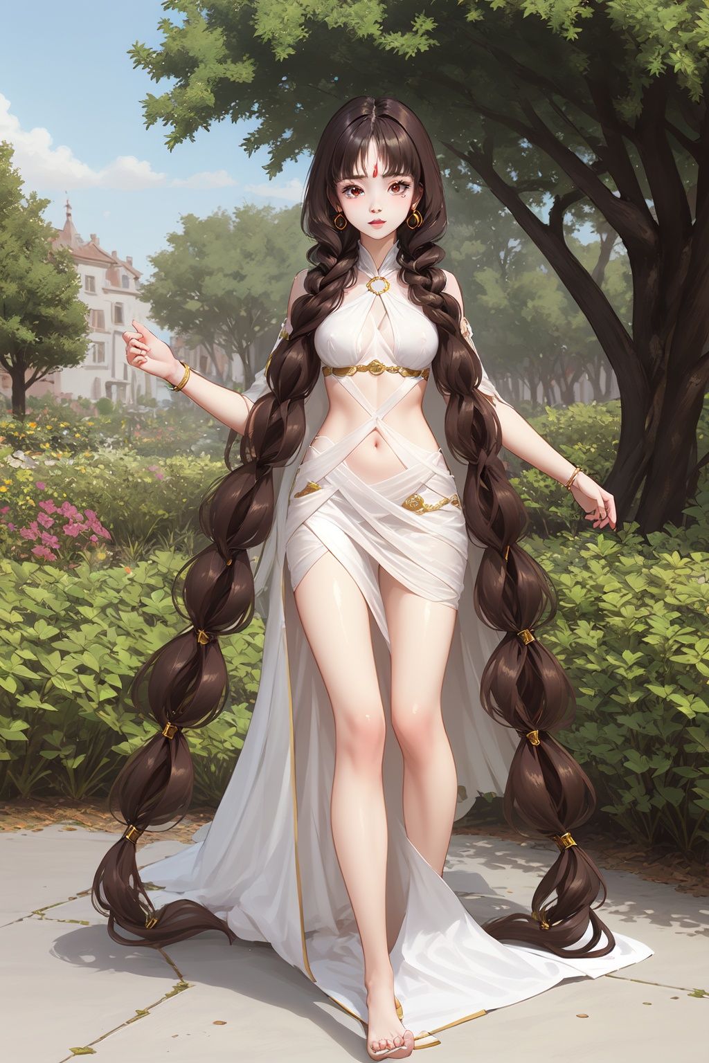 1girl, yifu,yifu long hair,earrings,head gem,upper body,long dress,rope shose,full body,sitting in flowers garden,