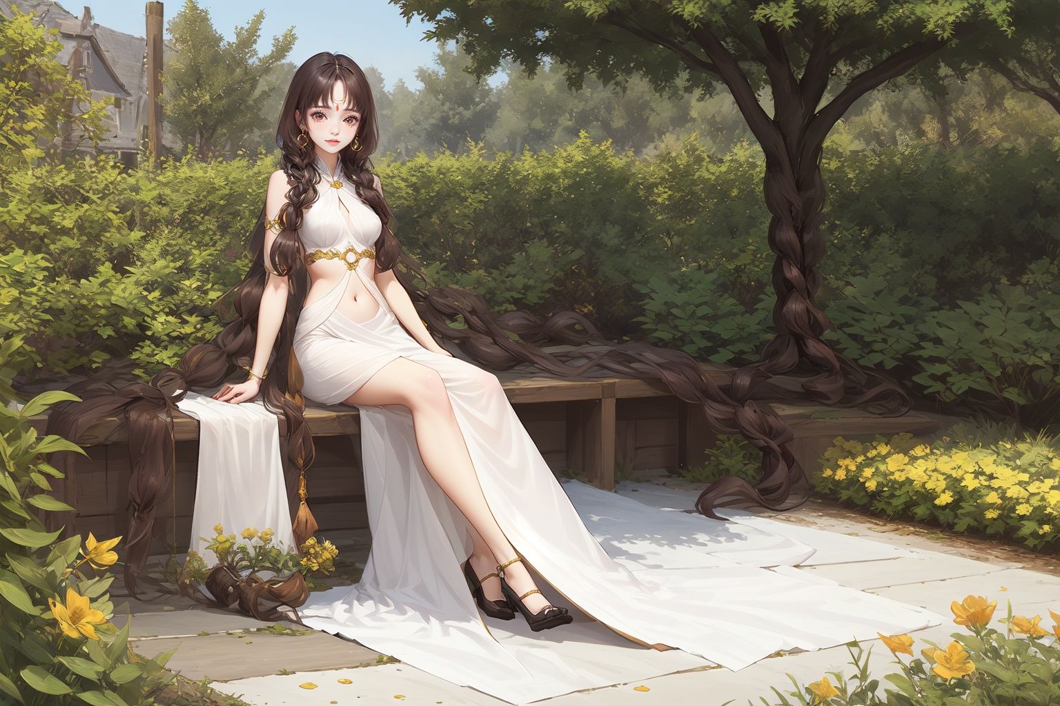  1girl, yifu,yifu long hair,earrings,head gem,upper body,long dress,rope shose,full body,sitting in flowers garden,