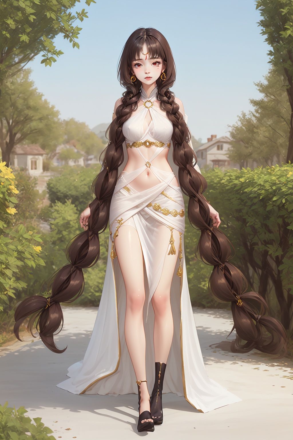  1girl, yifu,yifu long hair,earrings,head gem,upper body,long dress,rope shose,full body,sitting in flowers garden,