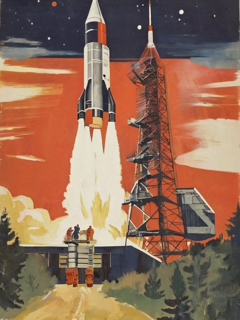 ussr,satella,rocket,cosmonaut,outer space,ussrart,<lora:ussrart:0.7>,