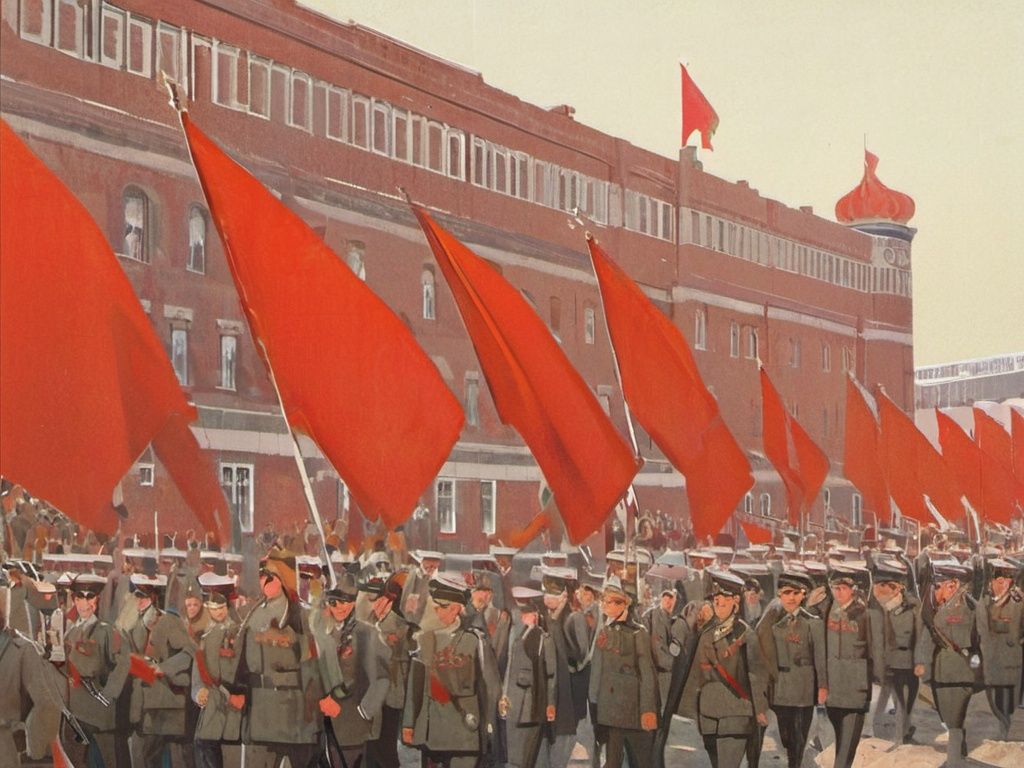 ussrart,parade on the square in front of the factory,red flag,suncle,illustration,best quality,highly detailed,masterpiece,an extremely delicate and beautiful,extremely detailed,8k wallpaper,Amazing,finely detail,official art,ussr,<lora:ussrart:1>,