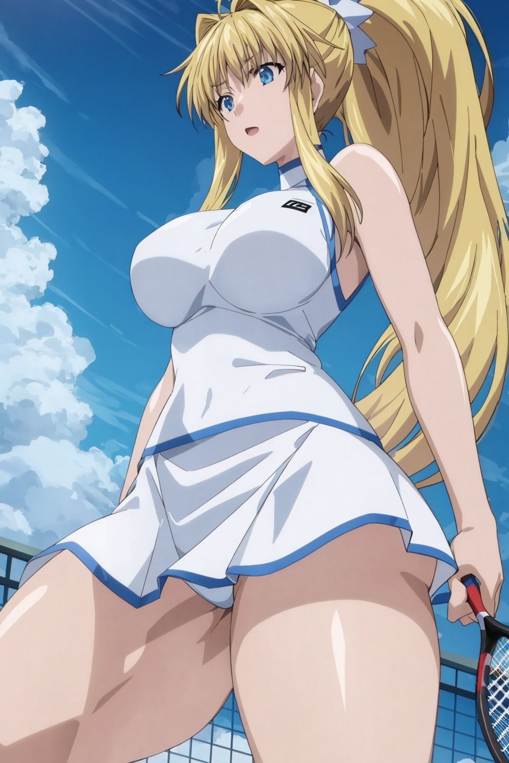 gakuenshimai, large breasts, thick thighs,   shiny skin, ponytail, blonde hair, blue eyes, tennis , tennis uniform, tennis racket,