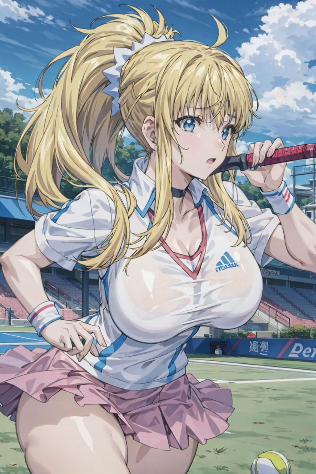 gakuenshimai, large breasts, thick thighs,   shiny skin, ponytail, blonde hair, blue eyes, tennis , tennis uniform, tennis racket,