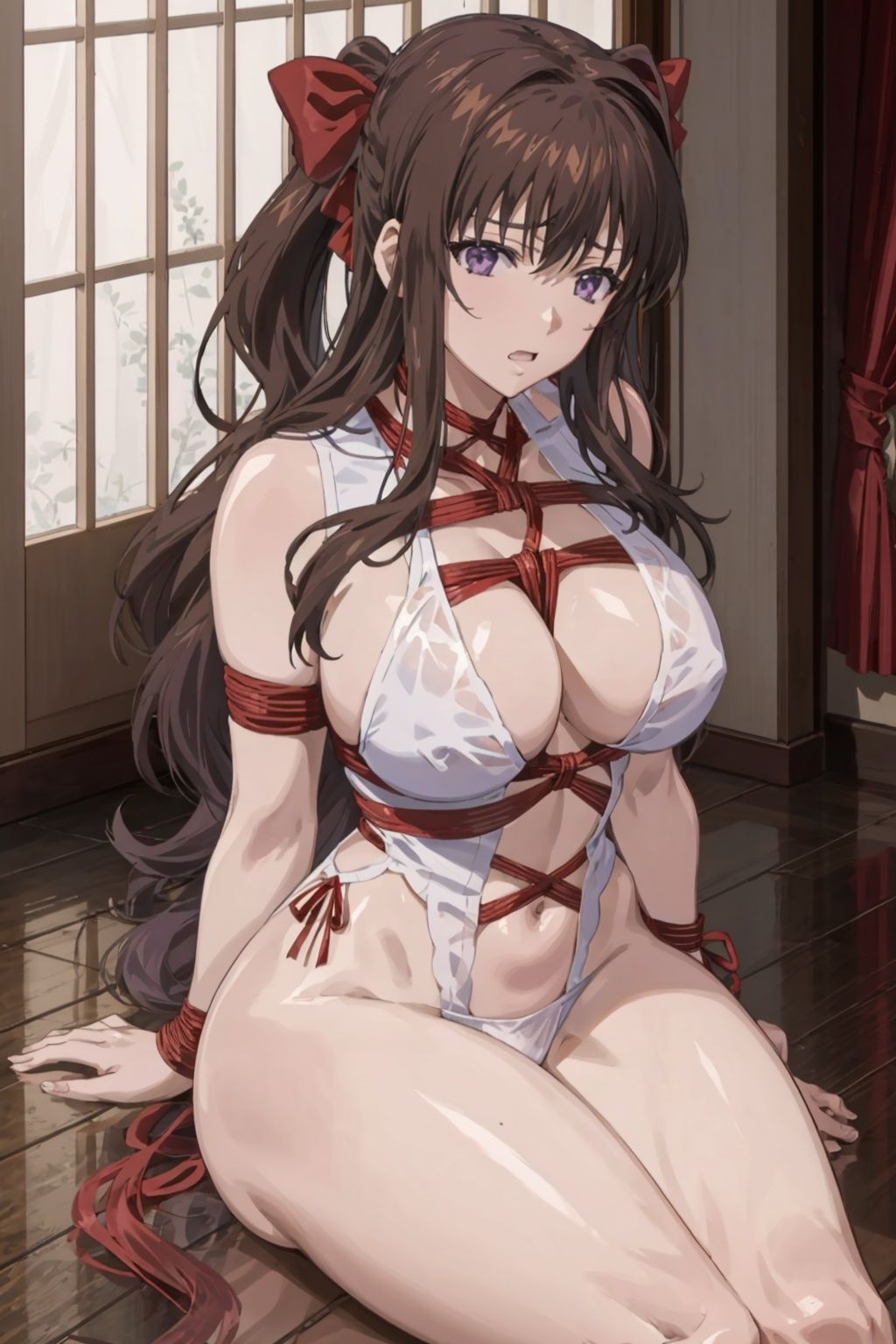 gakuenshimai, large breasts, thick thighs,   shiny skin,brown hair, purple eyes, red ribbon, red bow, shibari,