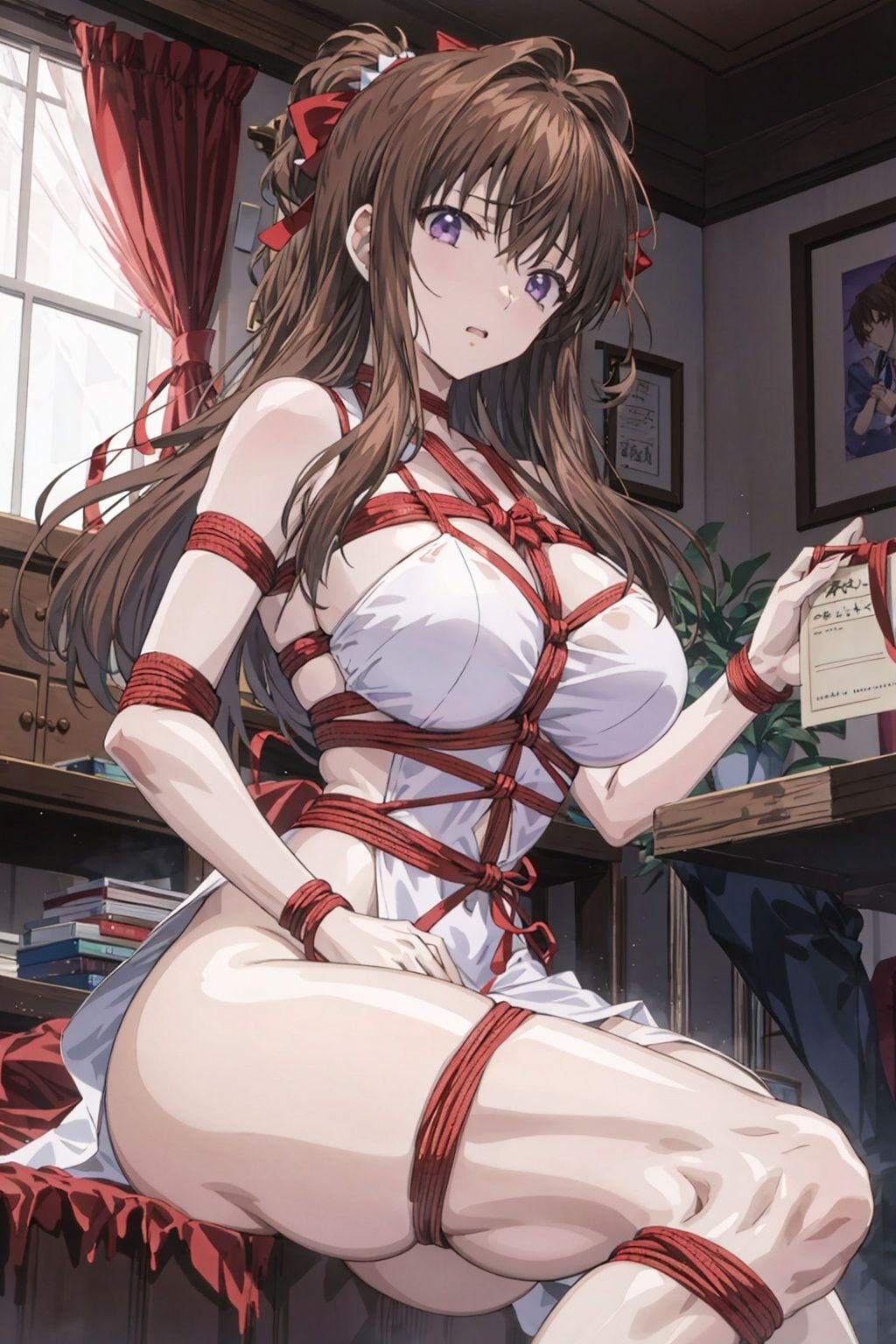 gakuenshimai, large breasts, thick thighs,   shiny skin,brown hair, purple eyes, red ribbon, red bow, shibari,