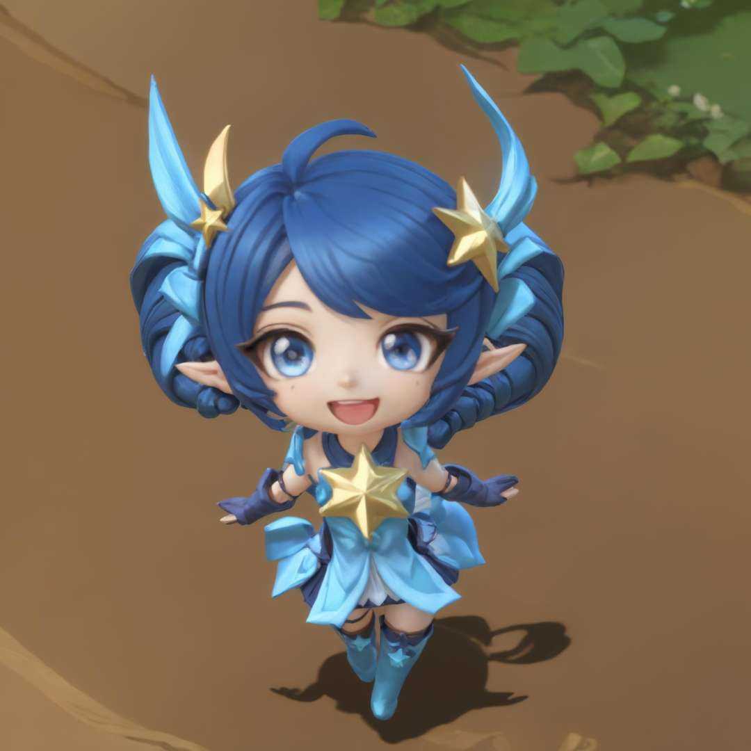 xiaoxiaogewen, 1girl, ;d, ahoge, blue eyes, blue hair, chibi, depth of field, gloves, long hair, minigirl, one eye closed, open mouth, pointy ears, smile, sparkle, star \(symbol\), twintails<lora:sdxl_lora-000020:1>,