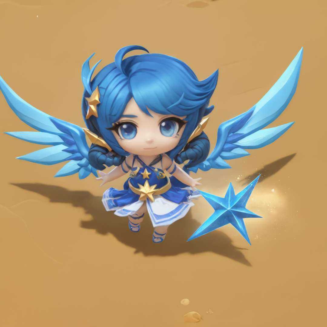 xiaoxiaogewen, beach, blue eyes, blue hair, chibi, dress, full body, male focus, sand, solo, star \(symbol\), wings <lora:sdxl_lora-000020:1>