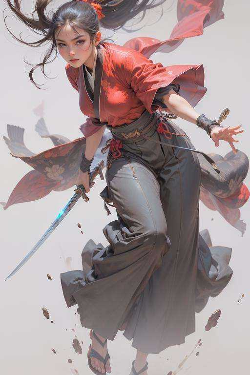 Best quality,masterpiece,ultra high res,(photorealistic:1.4)1girl,weapon,sword,japanese clothes,long hair,black hair,ponytail,katana,holding,white background,solo,holding weapon,blood,holding sword,arm guards,simple background,1boy,red kimono,kimono,male focus,blood on weapon,hakama,sheath,long sleeves,looking at viewer,black eyes,sandals,tabi,1girl,hakama pants,floating hairfull body,<lora:wuxia:0.8>, 