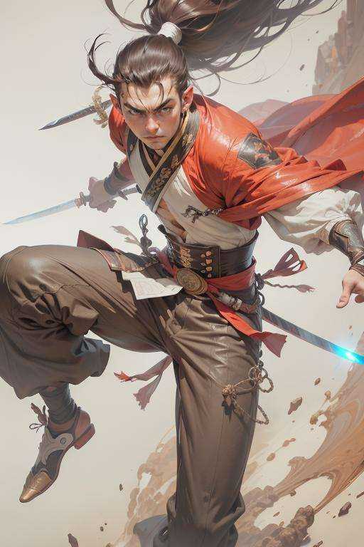 Best quality,masterpiece,ultra high res,(photorealistic:1.4)weapon,sword,1boy,male focus,solo,white background,looking at viewer,long sleeves,simple background,sash,holding weapon,pants,holding,full body,holding sword,floating hair,ponytail,<lora:wuxia:0.8>,chestnut,corset,ojou-sama pose,  