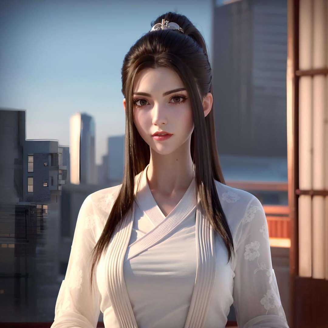 1girl, architecture, black hair, brown eyes, building, city, city lights, cityscape, east asian architecture, japanese clothes, kimono, long hair, looking at viewer, night, red lips, skyscraper, solo, upper body