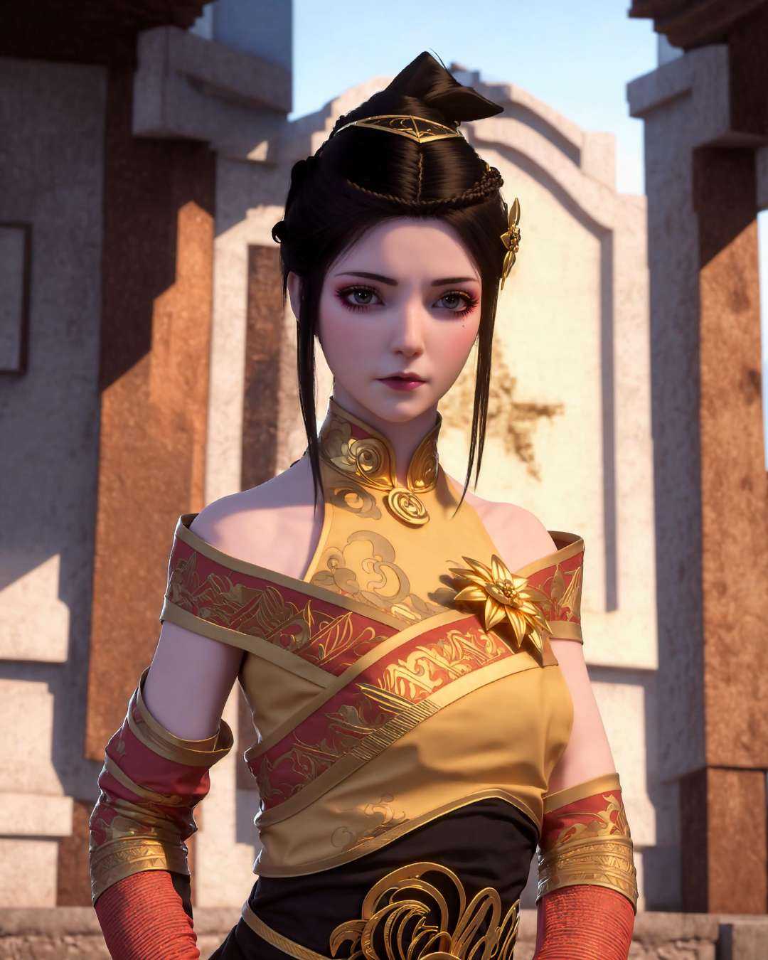 1girl, bare shoulders, black hair, breasts, chinese clothes, hair ornament, jewelry, lips, looking at viewer, makeup, solo