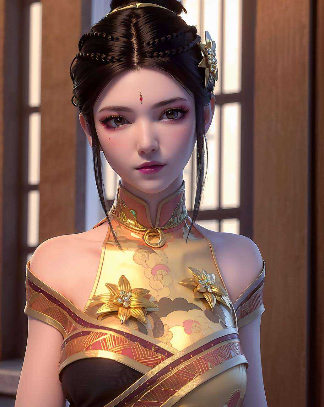 1girl, bare shoulders, black hair, breasts, chinese clothes, hair ornament, jewelry, lips, looking at viewer, makeup, solo