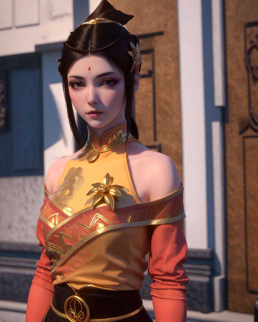 1girl, bare shoulders, black hair, breasts, chinese clothes, hair ornament, jewelry, lips, looking at viewer, makeup, solo