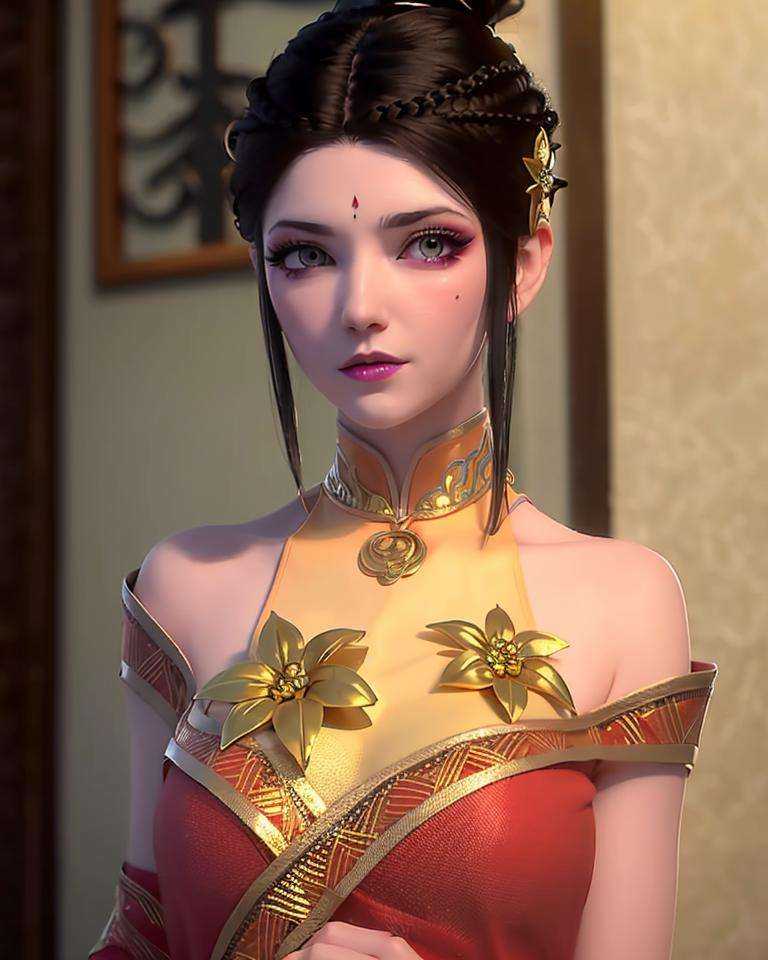 1girl, bare shoulders, black hair, breasts, chinese clothes, hair ornament, jewelry, lips, looking at viewer, makeup, solo
