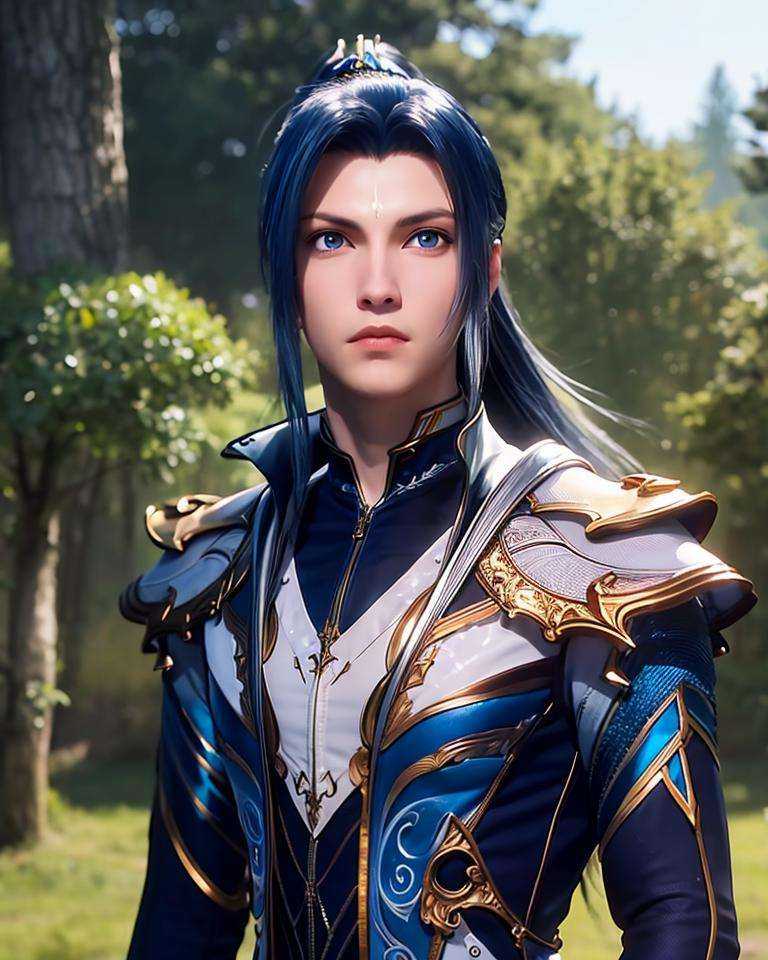 1boy, armor, black hair, blue eyes, closed mouth, depth of field, long hair, looking at viewer, male focus, outdoors, ponytail, solo, tree, upper body