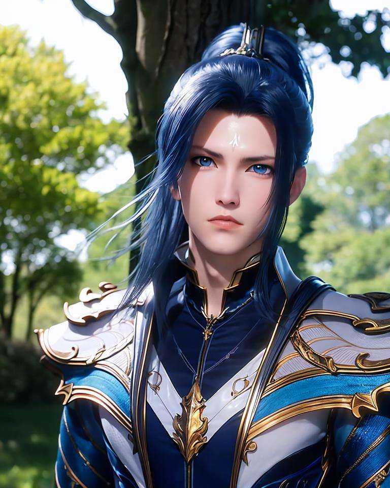 1boy, 1boy, armor, black hair, blue eyes, blurry, blurry background, closed mouth, depth of field, long hair, looking at viewer, male focus, outdoors, ponytail, solo, tree, upper body