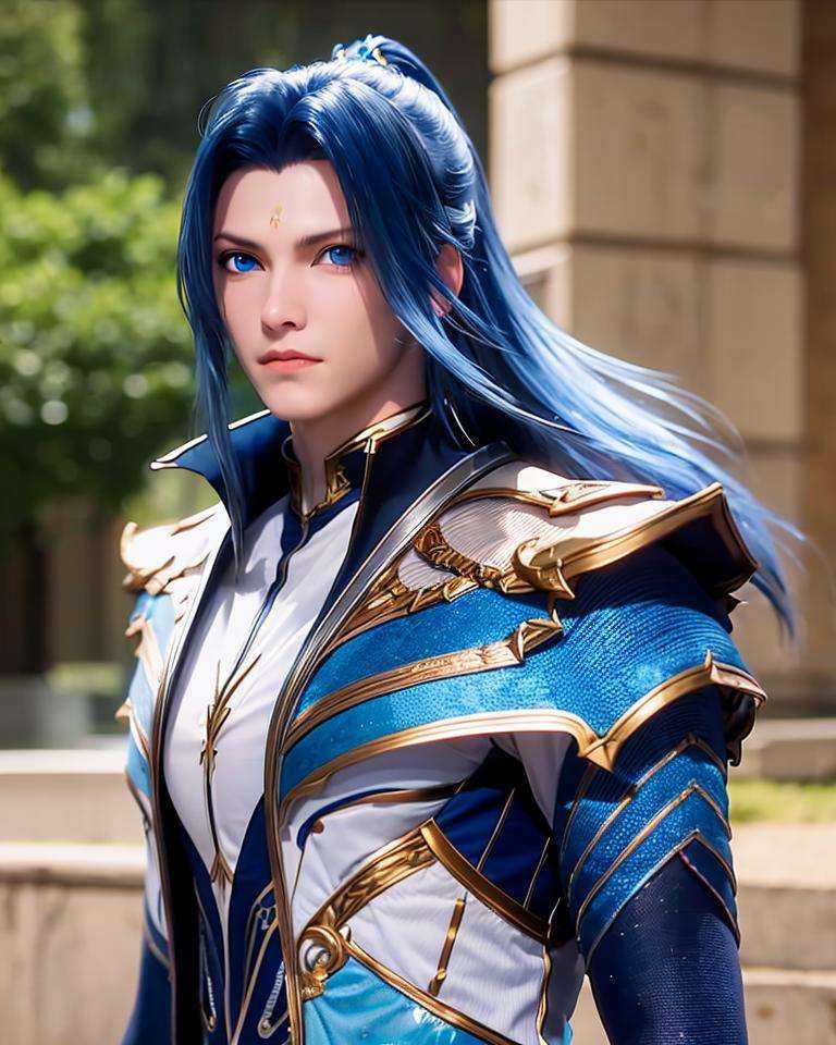 1boy, armor, blue eyes, blue hair, depth of field, long hair, looking at viewer,upper body, 