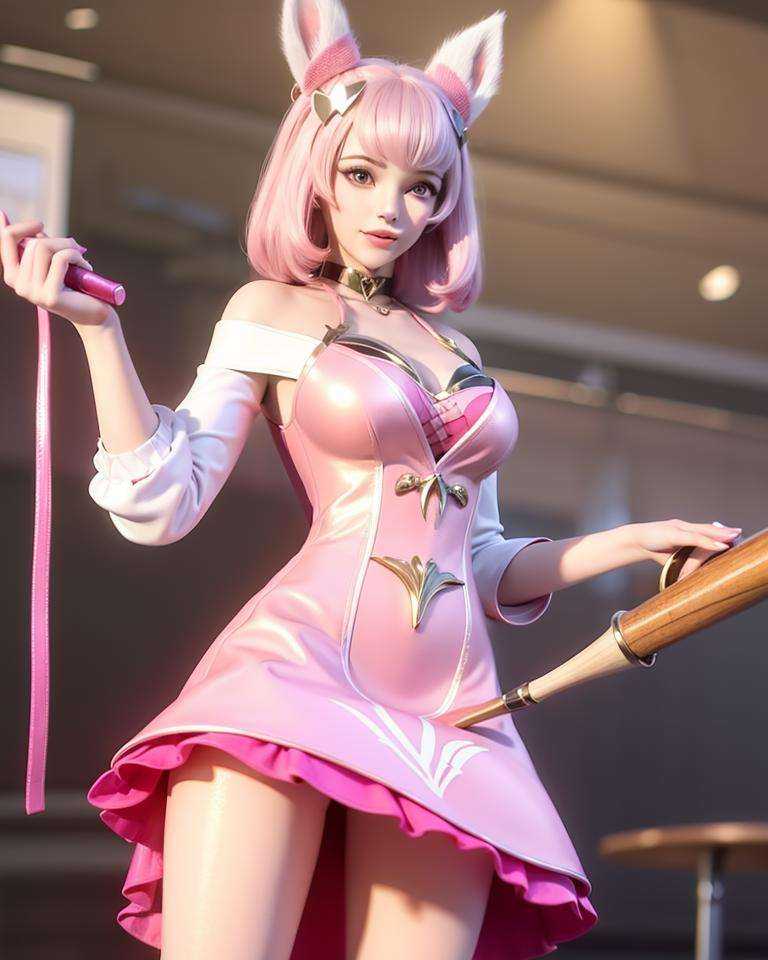 a woman in a pink dress holding a bat in her hand and a cat ears on her head and a pink dress with a pink collar, (1girl:0.995), (animal ears:0.754), (blonde hair:0.602), (blue eyes:0.633), (choker:0.707), (dress:0.681), (holding:0.550), (jewelry:0.627), (looking at viewer:0.705), (makeup:0.556), (off shoulder:0.533), (pink dress:0.591), (short hair:0.621), (smile:0.514), (solo:0.964)