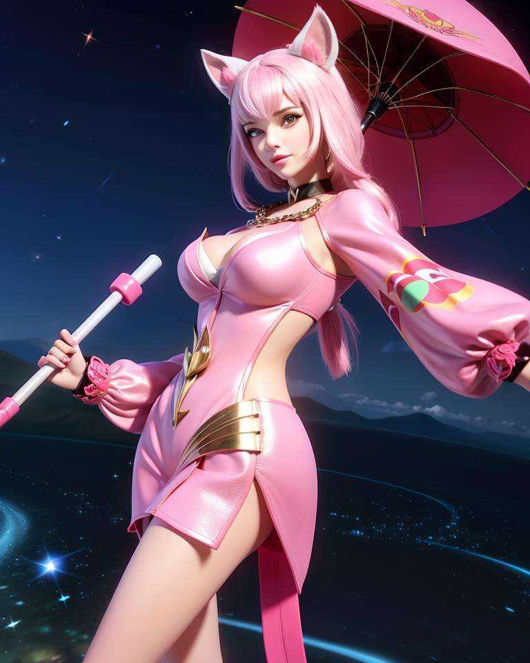 a woman in a pink outfit holding a pink umbrella and a pink cat costume on her head and a pink cat costume on her arm, (1girl:0.976), (animal ears:0.621), (aurora:0.569), (chain:1.000), (constellation:0.820), (cuffs:0.844), (holding:0.920), (long sleeves:0.605), (looking at viewer:0.654), (night:0.981), (night sky:0.988), (shooting star:0.985), (sky:0.948), (solo:0.962), (space:0.852), (sparkle:0.897), (standing:0.656), (star \(sky\):1.000), (starry sky:0.998)