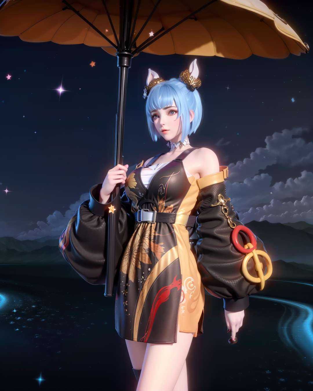 a woman in a costume holding an umbrella in a dark room with a sky background and a full moon, (1girl:0.997), (bare shoulders:0.641), (blue hair:0.843), (dress:0.778), (holding:0.548), (instrument:0.992), (jewelry:0.745), (night:0.877), (night sky:0.939), (shooting star:0.813), (sky:0.916), (solo:0.977), (space:0.745), (standing:0.526), (star \(sky\):0.996), (starry sky:0.991)