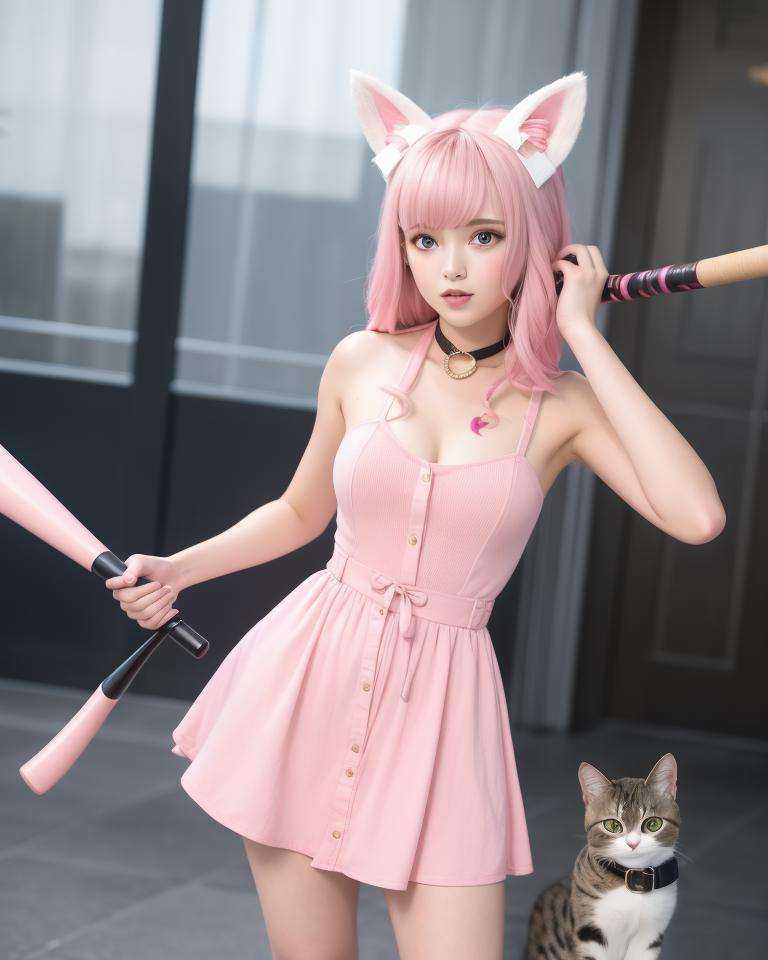 a woman in a pink dress holding a bat in her hand and a cat ears on her head and a pink dress with a pink collar, (1girl:0.995), (animal ears:0.754), (blonde hair:0.602), (blue eyes:0.633), (choker:0.707), (dress:0.681), (holding:0.550), (jewelry:0.627), (looking at viewer:0.705), (makeup:0.556), (off shoulder:0.533), (pink dress:0.591), (short hair:0.621), (smile:0.514), (solo:0.964)