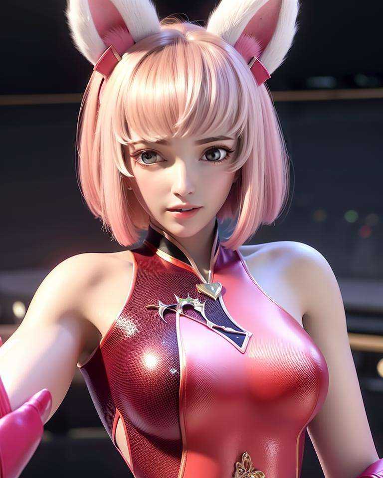 a woman in a pink dress holding a bat in her hand and a cat ears on her head and a pink dress with a pink collar, (1girl:0.995), (animal ears:0.754), (blonde hair:0.602), (blue eyes:0.633), (choker:0.707), (dress:0.681), (holding:0.550), (jewelry:0.627), (looking at viewer:0.705), (makeup:0.556), (off shoulder:0.533), (pink dress:0.591), (short hair:0.621), (smile:0.514), (solo:0.964)