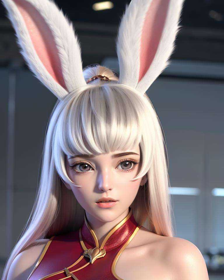 a woman with white hair and a bunny ears on her head, wearing a red top and a white rabbit ears on her head, (1girl:0.992), (animal ears:0.984), (bangs:0.785), (bare shoulders:0.578), (blurry:0.994), (blurry background:0.975), (brown eyes:0.513), (depth of field:0.959), (lips:0.848), (long hair:0.846), (looking at viewer:0.833), (mole under eye:0.570), (ponytail:0.662), (rabbit ears:0.796), (realistic:0.599), (solo:0.979), (upper body:0.759), (white hair:0.666)