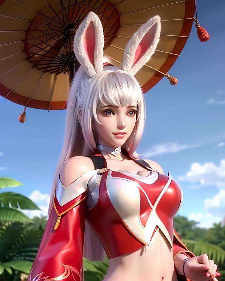 a woman with white hair and bunny ears holding an umbrella and a pink umbrella behind her back, with a pink umbrella behind her head, (1girl:0.989), (ajirogasa:0.838), (animal ears:0.998), (bare shoulders:0.665), (beach umbrella:1.000), (black umbrella:1.000), (blue umbrella:1.000), (breasts:0.736), (holding:0.723), (holding umbrella:1.000), (hydrangea:0.671), (karakasa obake:0.767), (leaf umbrella:0.967), (lips:0.937), (long hair:0.857), (looking at viewer:0.666), (makeup:0.734), (oil-paper umbrella:1.000), (over shoulder:0.613), (parasol:1.000), (pink umbrella:1.000), (purple umbrella:0.972), (rabbit ears:0.991), (rabbit girl:0.769), (race queen:0.999), (rain:1.000), (red umbrella:1.000), (shared umbrella:1.000), (sleeveless:0.573), (solo:0.968), (special feeling \(meme\):0.968), (teruterubouzu:0.854), (transparent:0.779), (transparent umbrella:1.000), (umbrella:1.000), (upper body:0.924), (viera:0.845), (white hair:0.829), (white umbrella:1.000)