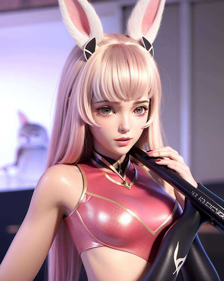 a woman in a pink dress holding a bat in her hand and a cat ears on her head and a pink dress with a pink collar, (1girl:0.995), (animal ears:0.754), (blonde hair:0.602), (blue eyes:0.633), (choker:0.707), (dress:0.681), (holding:0.550), (jewelry:0.627), (looking at viewer:0.705), (makeup:0.556), (off shoulder:0.533), (pink dress:0.591), (short hair:0.621), (smile:0.514), (solo:0.964)