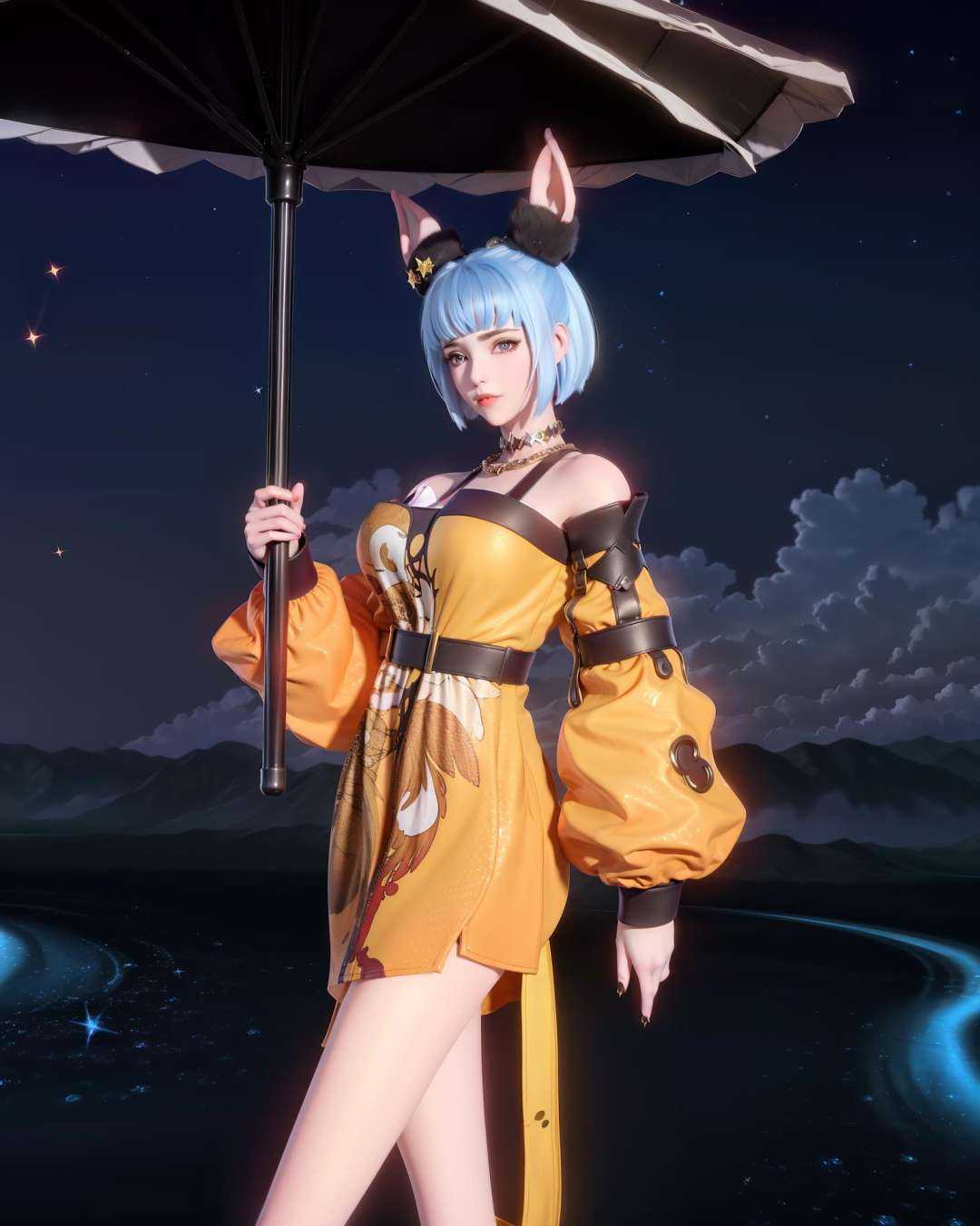 a woman in a costume holding an umbrella in a dark room with a sky background and a full moon, (1girl:0.997), (bare shoulders:0.641), (blue hair:0.843), (dress:0.778), (holding:0.548), (instrument:0.992), (jewelry:0.745), (night:0.877), (night sky:0.939), (shooting star:0.813), (sky:0.916), (solo:0.977), (space:0.745), (standing:0.526), (star \(sky\):0.996), (starry sky:0.991)