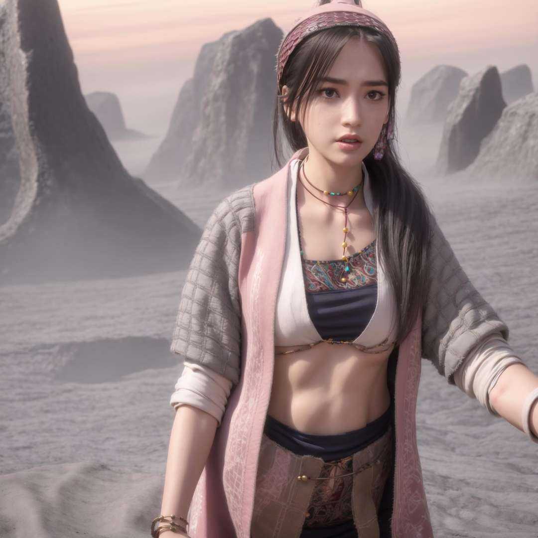 a woman with a headband and a necklace on her head is standing in a desert area with a sky background, (1girl:0.985), (black hair:0.678), (brown eyes:0.728), (fingerless gloves:0.579), (gloves:0.966), (jewelry:0.990), (lips:0.839), (long hair:0.731), (necklace:0.989), (pendant:0.653), (realistic:0.669), (sky:0.504), (solo:0.817), (upper body:0.541)