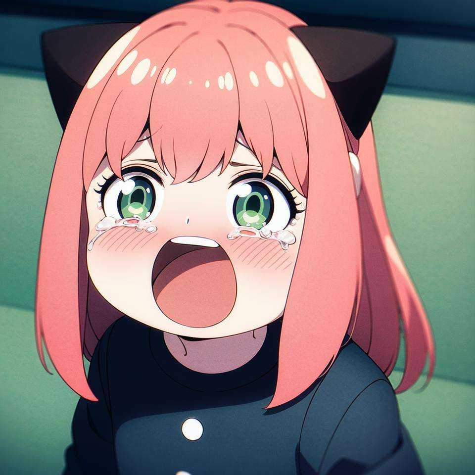a girl with pink hair and green eyes wearing a black outfit and a hat with a cat ears on her head, (1girl:0.998), (animal ears:0.841), (blurry:0.537), (blush:0.912), (cat ears:0.843), (crying:0.989), (crying with eyes open:0.961), (green eyes:0.920), (looking at viewer:0.616), (open mouth:0.904), (pink hair:0.989), (school uniform:0.593), (shirt:0.568), (solo:0.981), (tearing up:0.840), (tears:1.000), (white shirt:0.705)