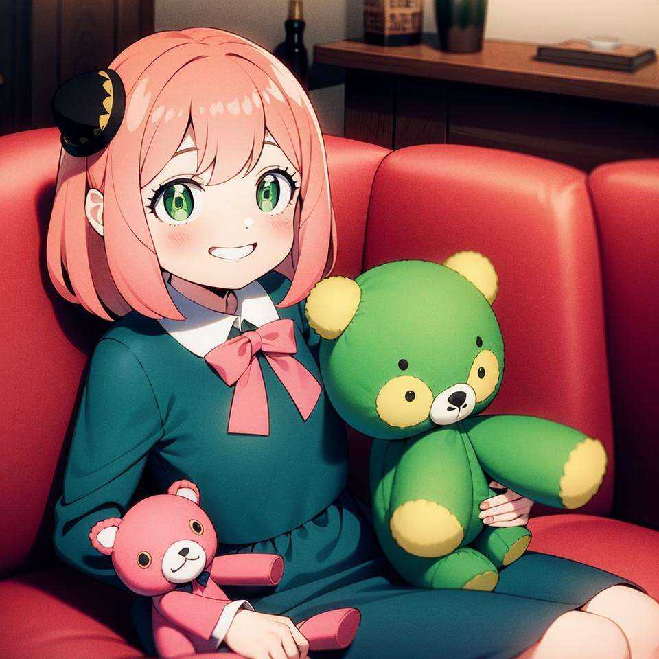 a girl with pink hair and green eyes holding a teddy bear and a teddy bear doll in her lap, (bow:0.747), (chibi:0.850), (dress:0.577), (frills:0.630), (green eyes:0.999), (hat:0.866), (low twintails:0.515), (mini hat:0.563), (minigirl:0.689), (multiple girls:0.840), (pink hair:0.765), (smile:0.831), (top hat:0.730), (twintails:0.777)
