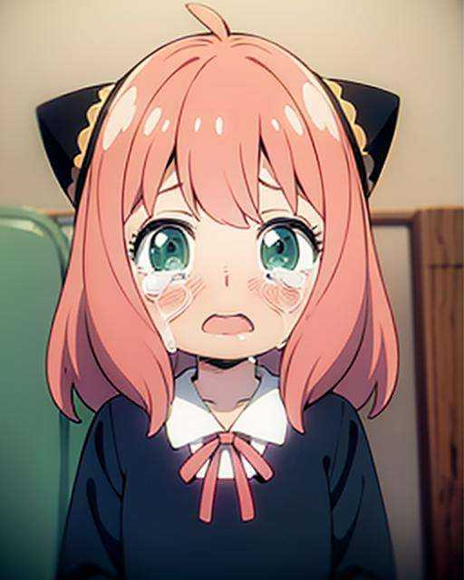 a girl with pink hair and green eyes wearing a black outfit and a hat with a cat ears on her head, (1girl:0.998), (animal ears:0.841), (blurry:0.537), (blush:0.912), (cat ears:0.843), (crying:0.989), (crying with eyes open:0.961), (green eyes:0.920), (looking at viewer:0.616), (open mouth:0.904), (pink hair:0.989), (school uniform:0.593), (shirt:0.568), (solo:0.981), (tearing up:0.840), (tears:1.000), (white shirt:0.705)